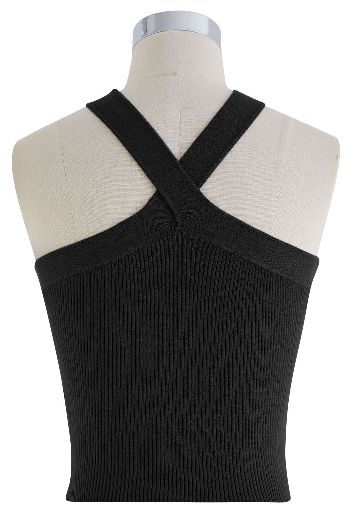 Criss Cross Straps Halter Knit Top in Black