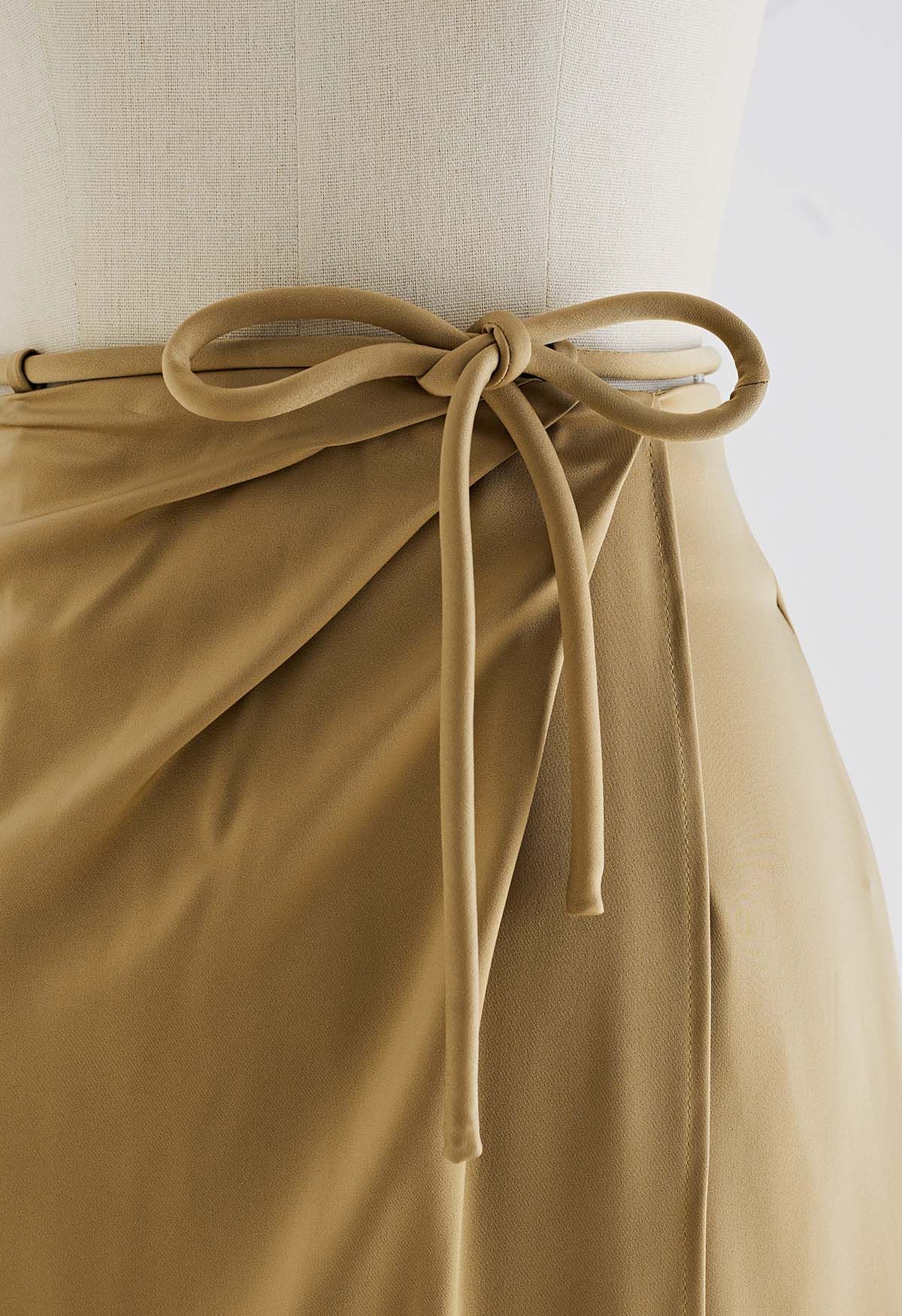 Tie Waist Asymmetric Flap Satin Midi Skirt in Camel