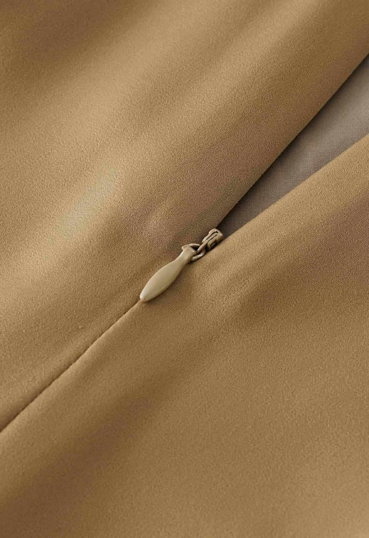 Tie Waist Asymmetric Flap Satin Midi Skirt in Camel