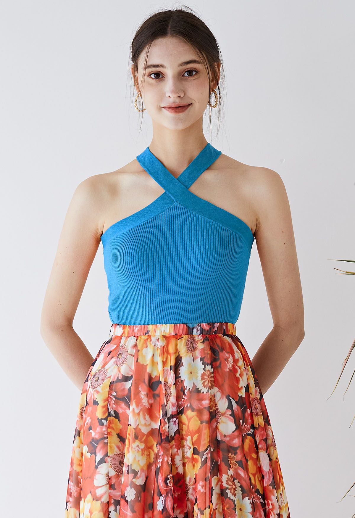 Criss Cross Straps Halter Knit Top in Blue