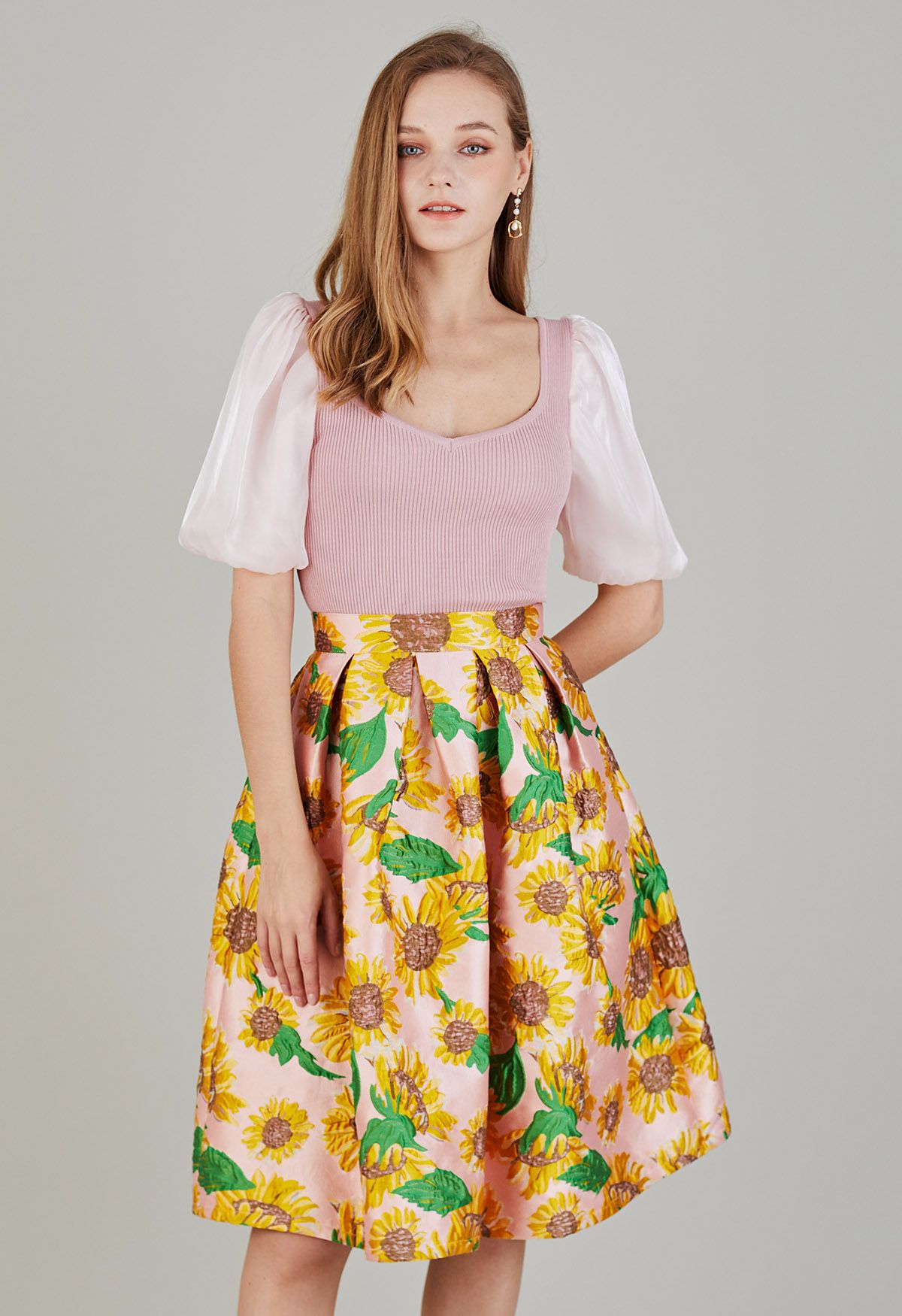 Cheerful Sunflower Jacquard Pleated Flare Skirt