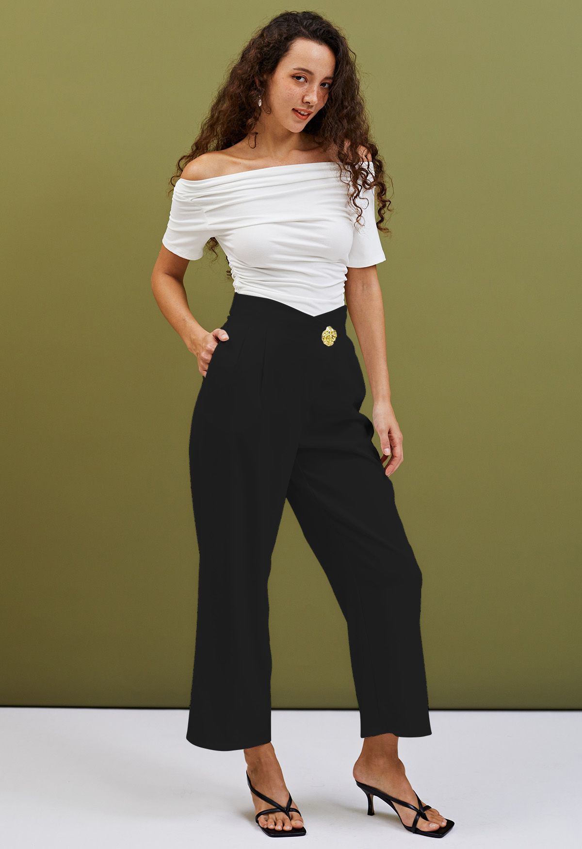 Golden Button Cross Waist Straight-Leg Pants in Black