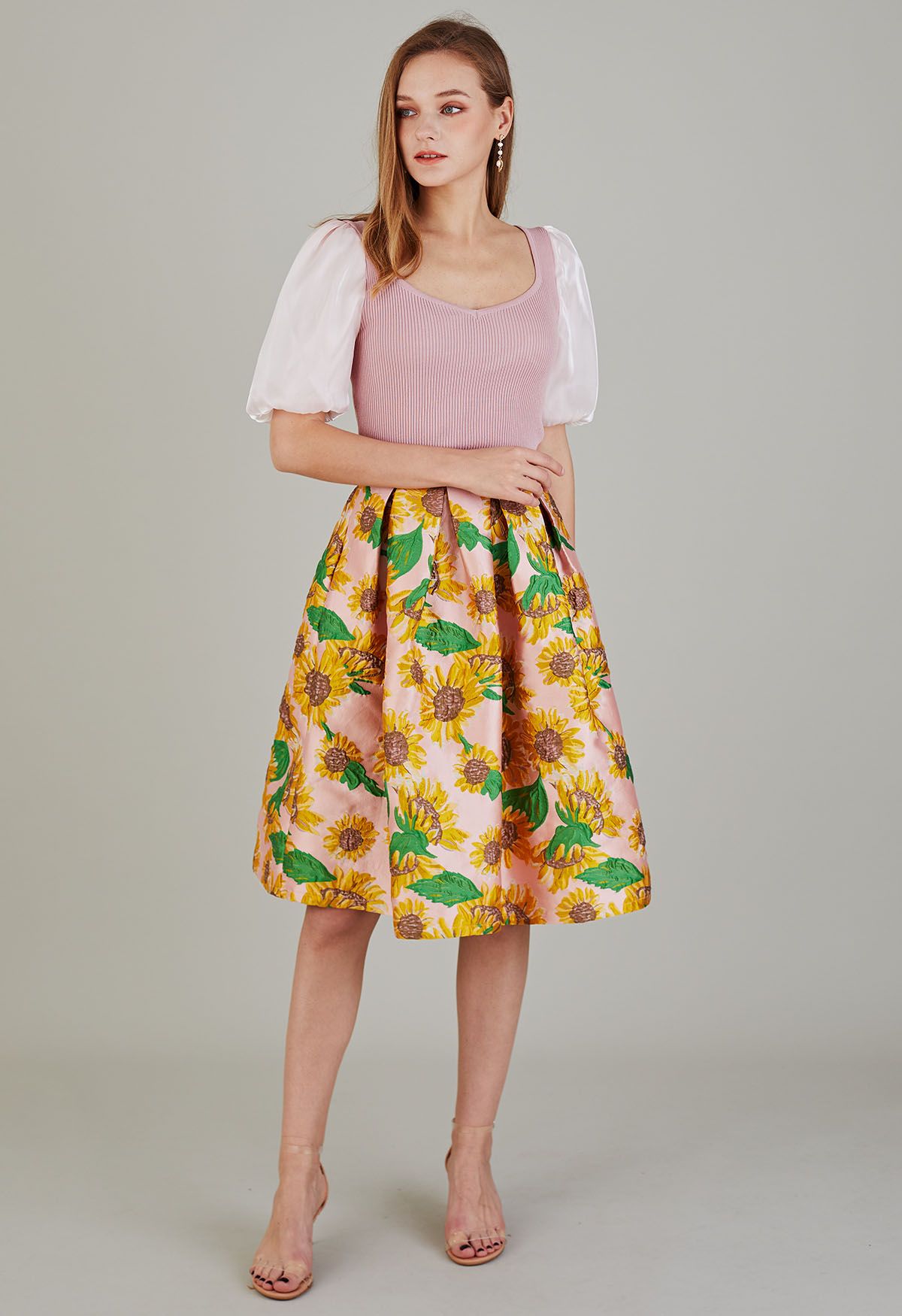 Cheerful Sunflower Jacquard Pleated Flare Skirt