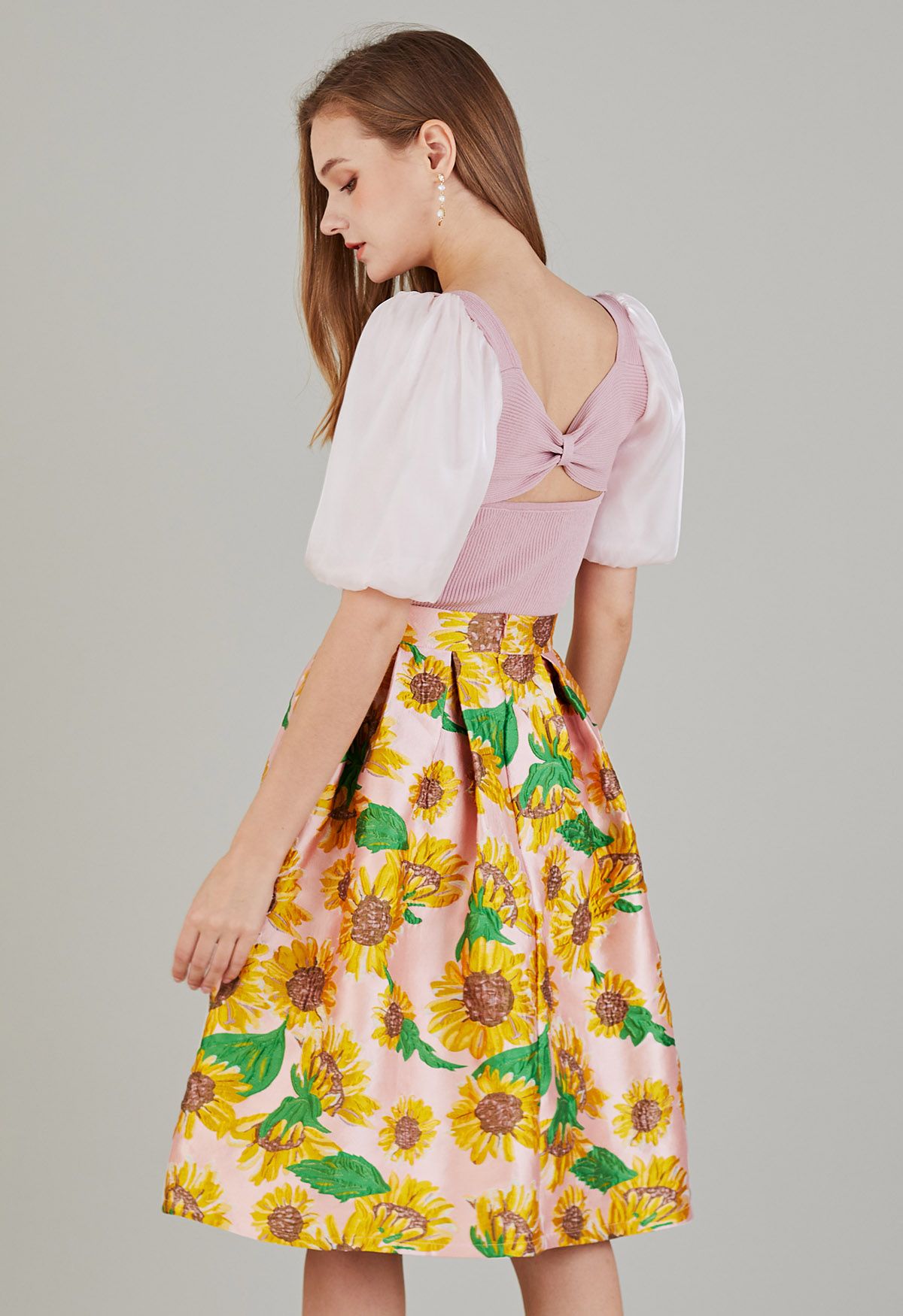 Cheerful Sunflower Jacquard Pleated Flare Skirt