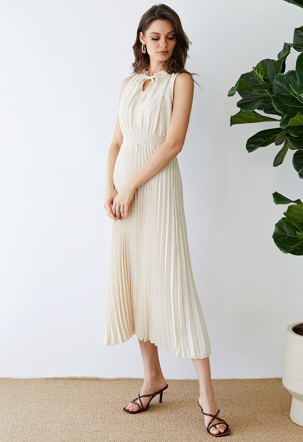 Tie-Neck Flock Dot Pleated Dress in Cream