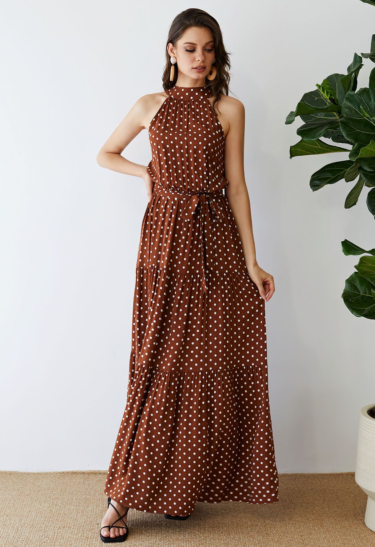 Halter Neck Tie Waist Maxi Dress In Caramel Dots Retro Indie And