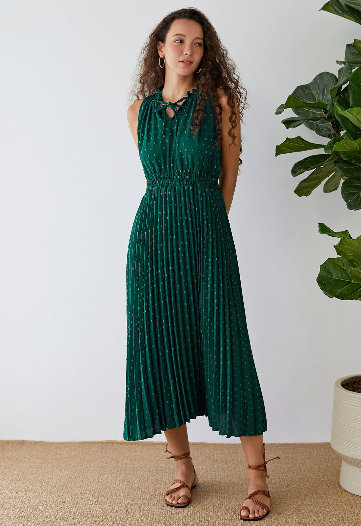 Tie-Neck Flock Dot Pleated Dress in Dark Green