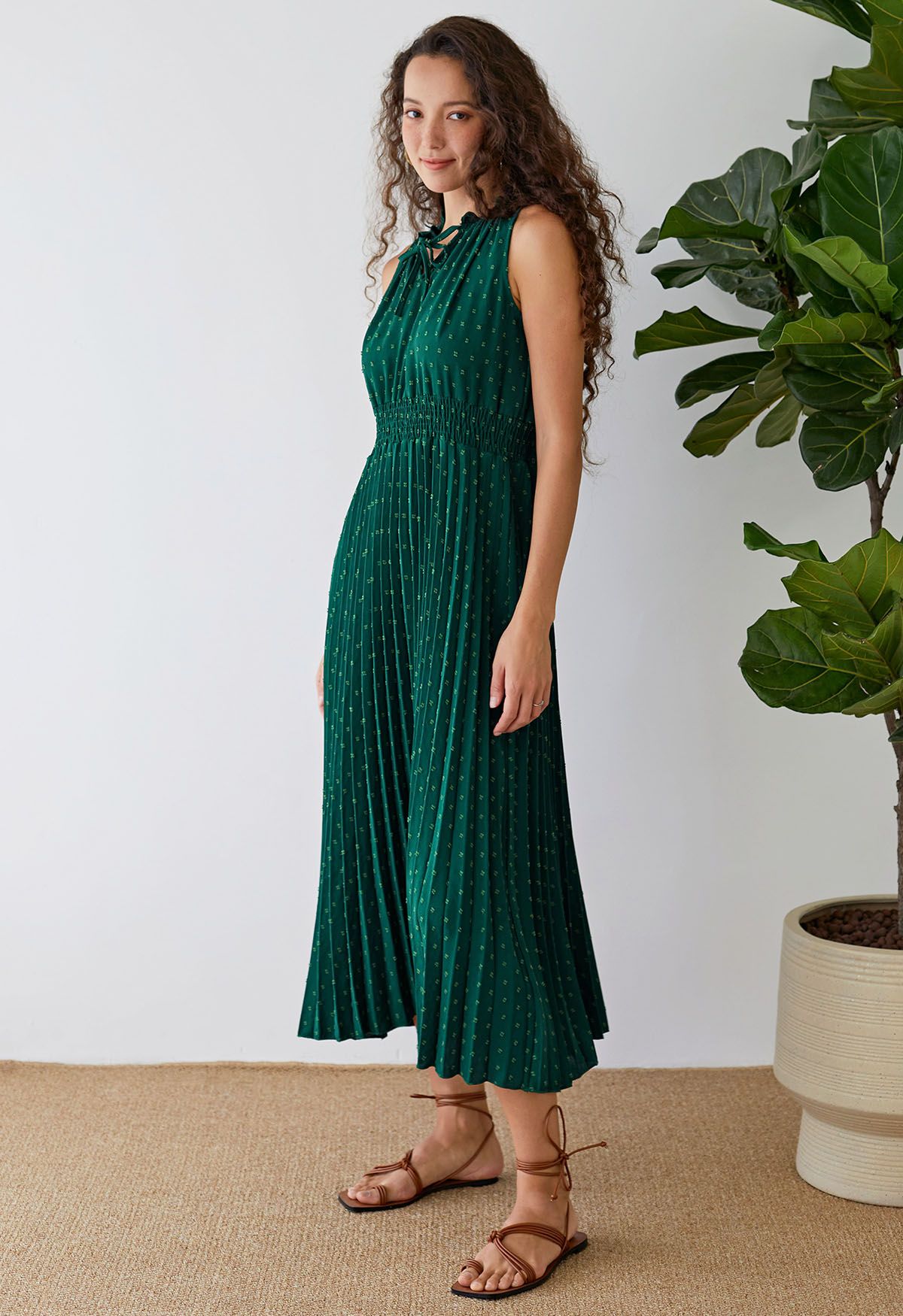 Tie-Neck Flock Dot Pleated Dress in Dark Green