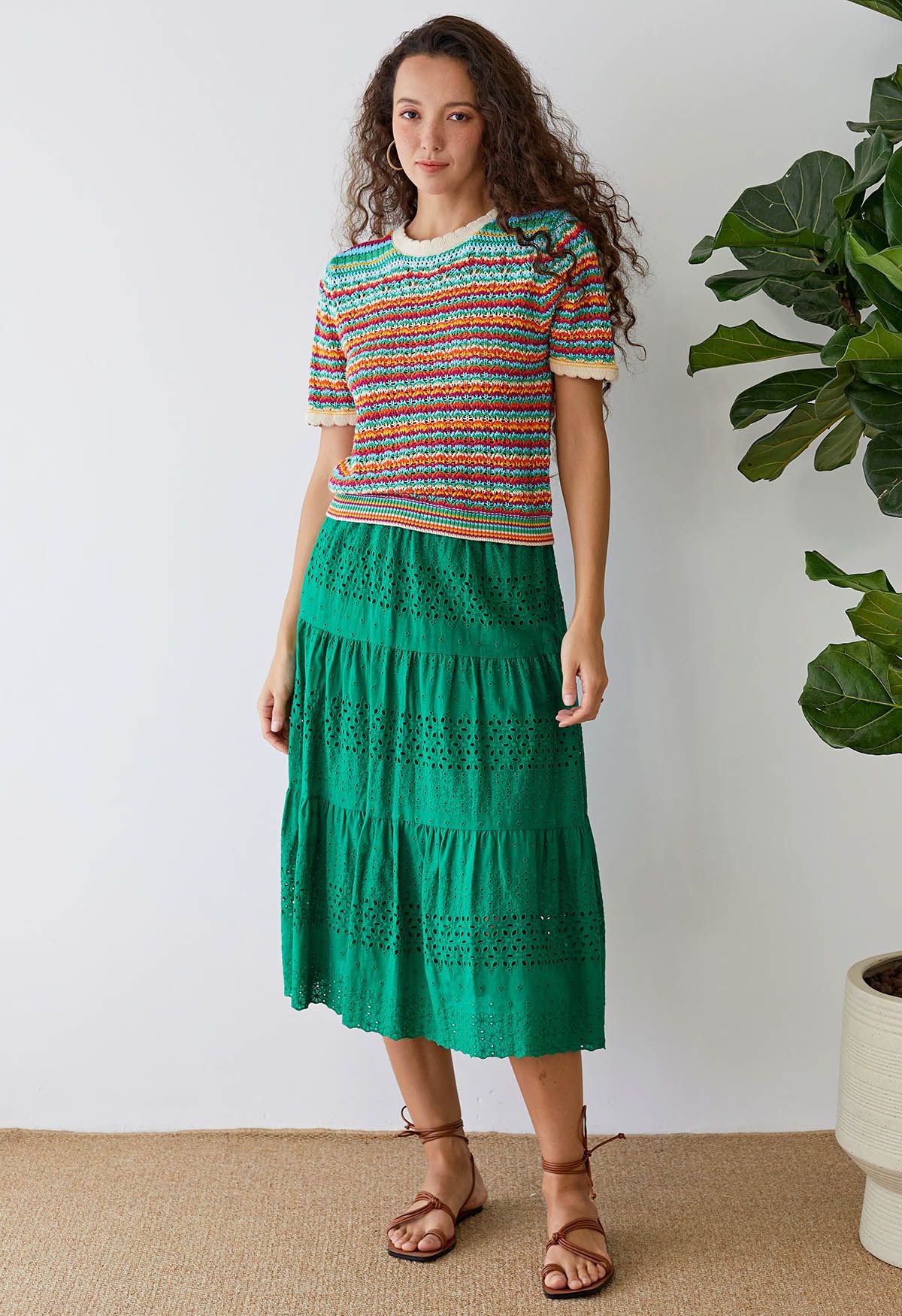Floret Embroidered Eyelet Cotton Midi Skirt in Green