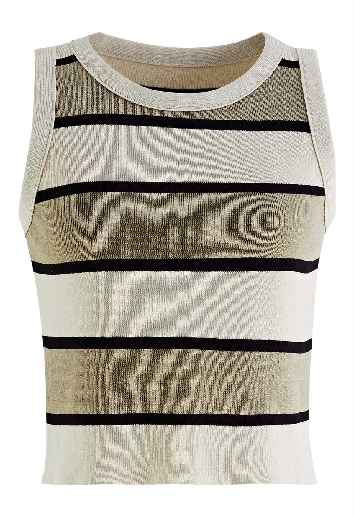 Khaki Striped Knit Tank Top