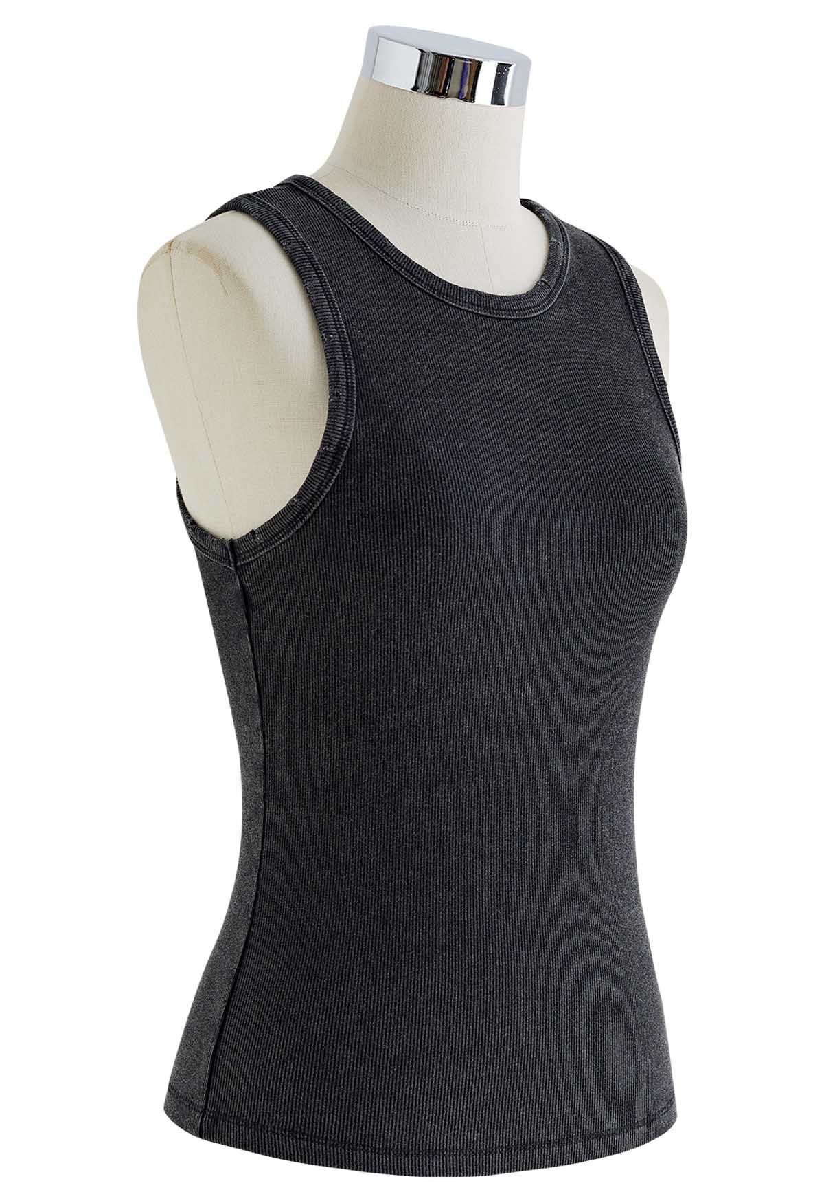 Washed Frayed Edge Ribbed Tank Top in Black