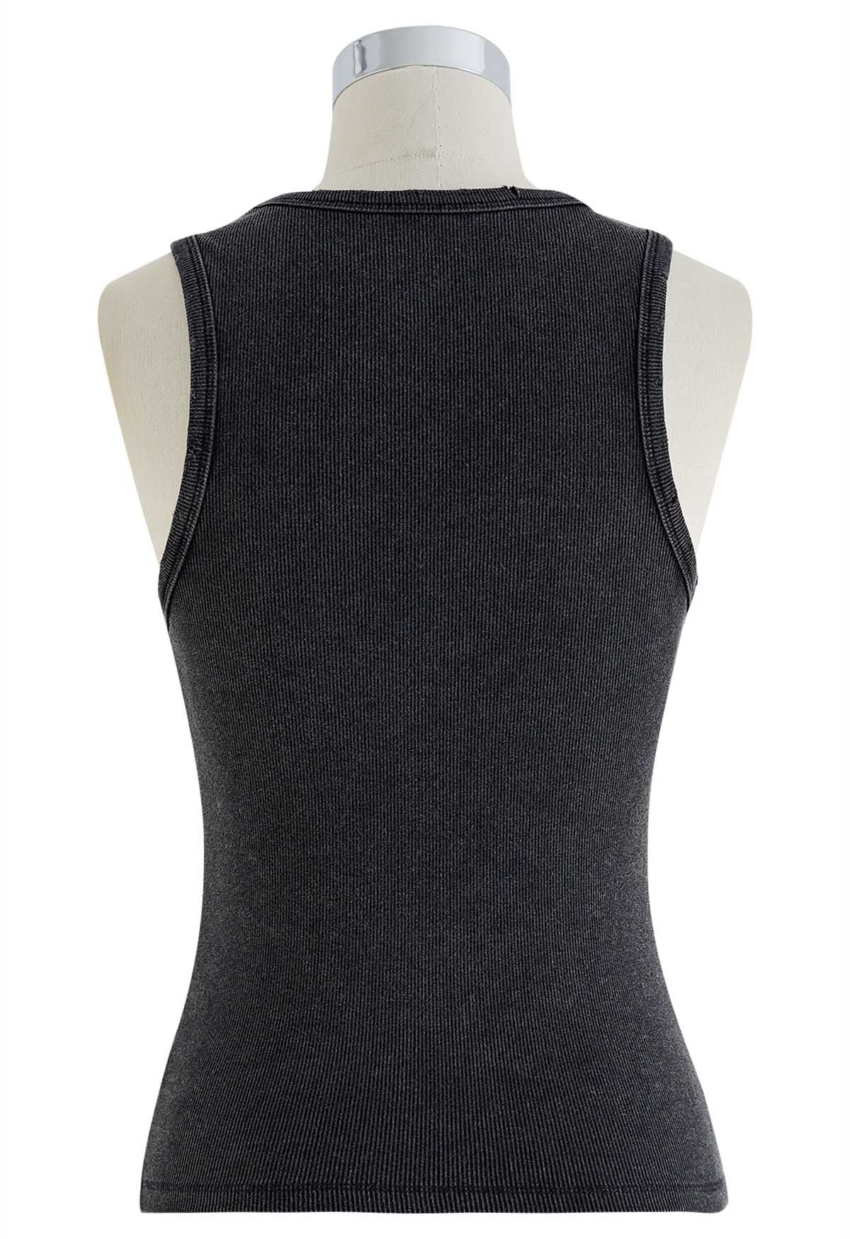 Washed Frayed Edge Ribbed Tank Top in Black