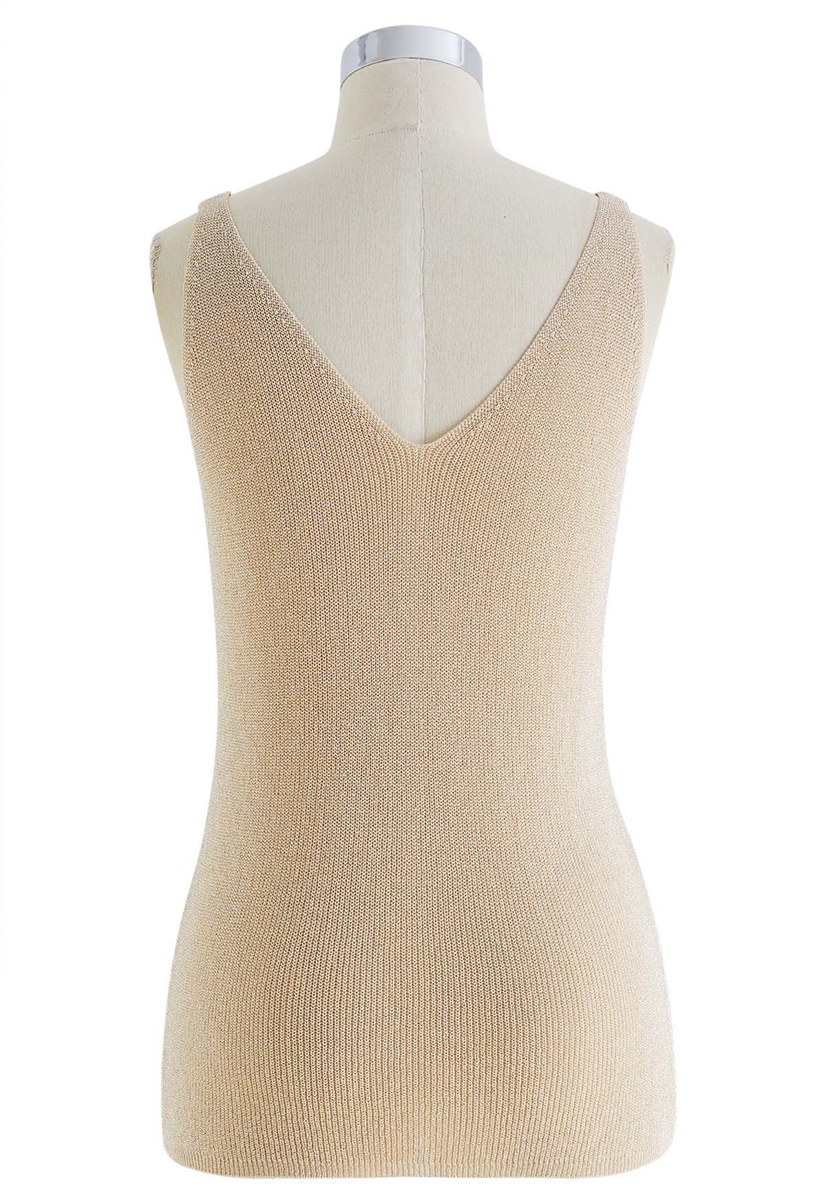 V-Neck Shimmer Knit Tank Top in Light Tan