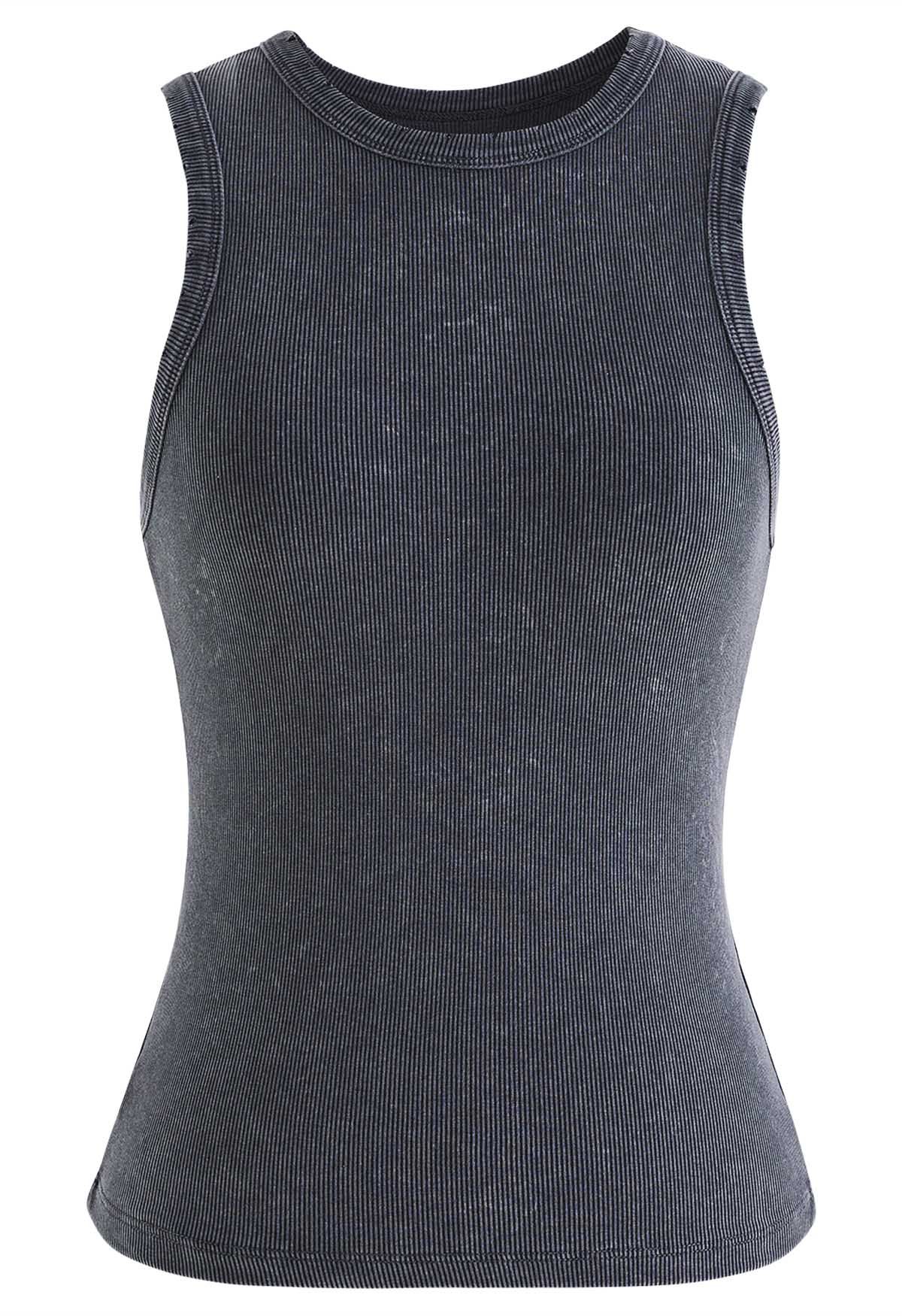 Washed Frayed Edge Ribbed Tank Top in Smoke