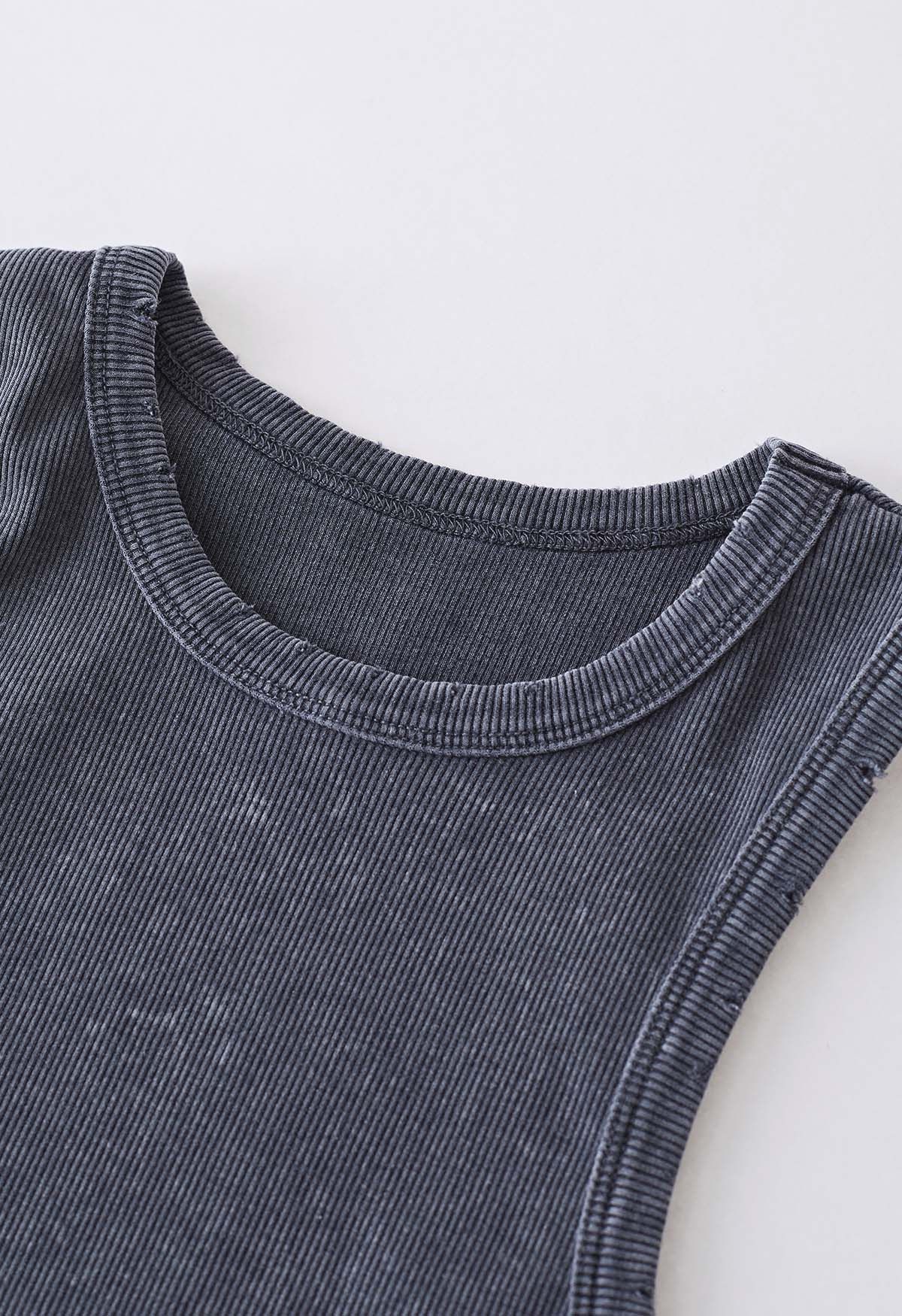 Washed Frayed Edge Ribbed Tank Top in Smoke