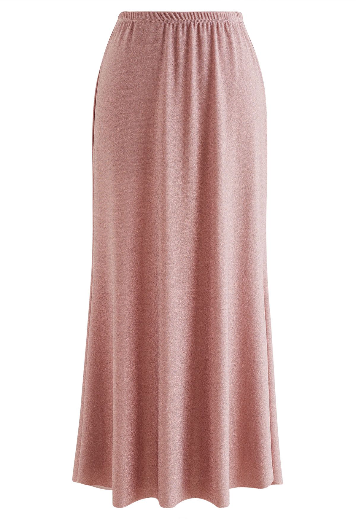 Shimmery Raw-Cut Frilling Maxi Skirt in Blush