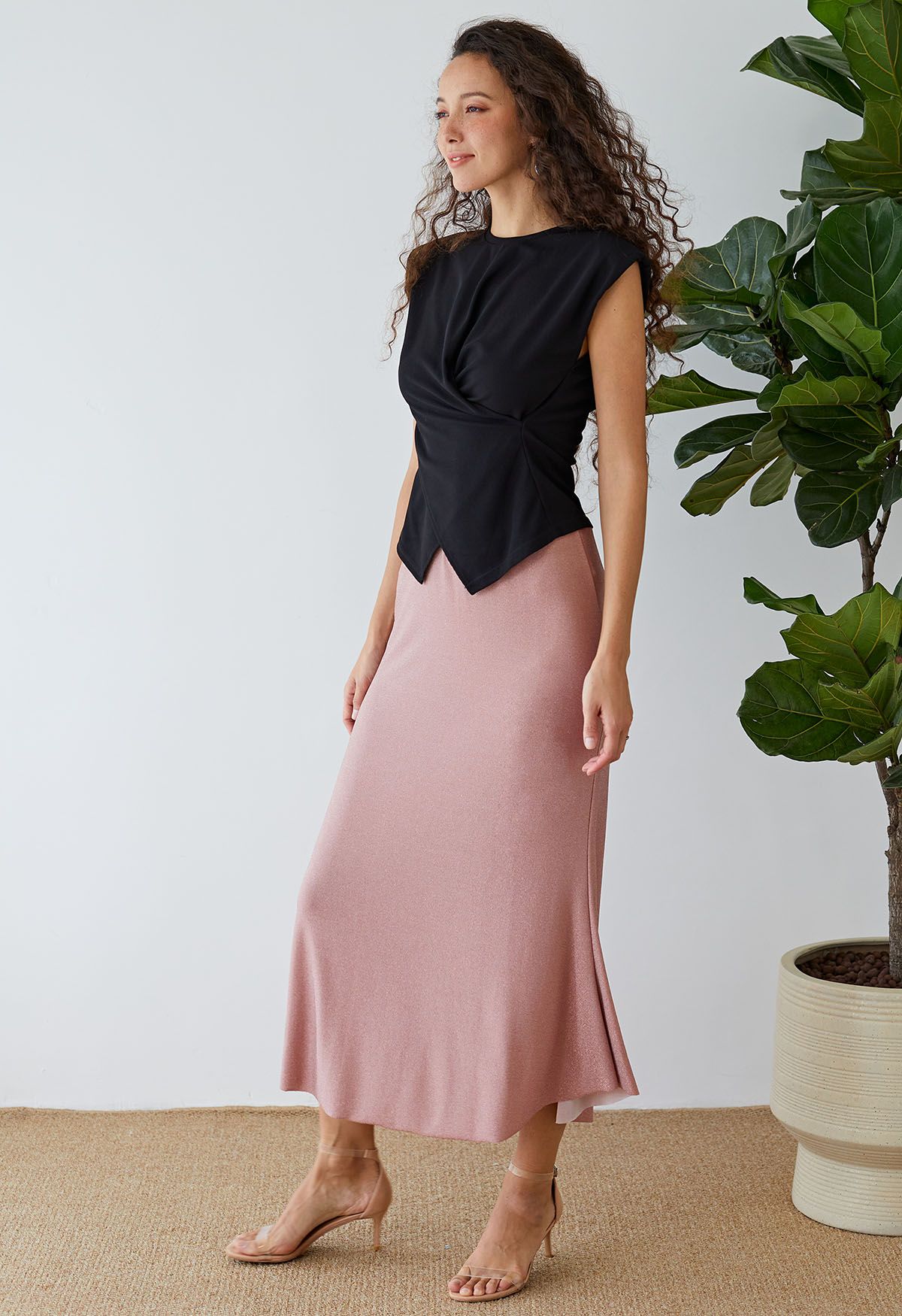 Shimmery Raw-Cut Frilling Maxi Skirt in Blush