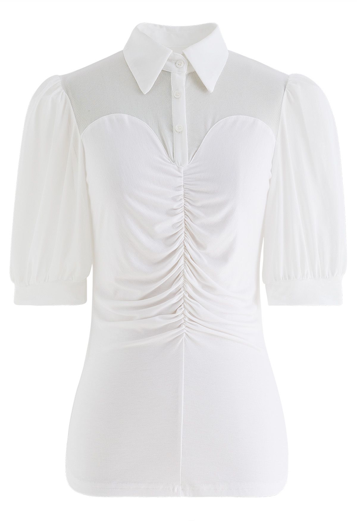 Pointed Collar Soft Mesh Spliced Ruched Top in White