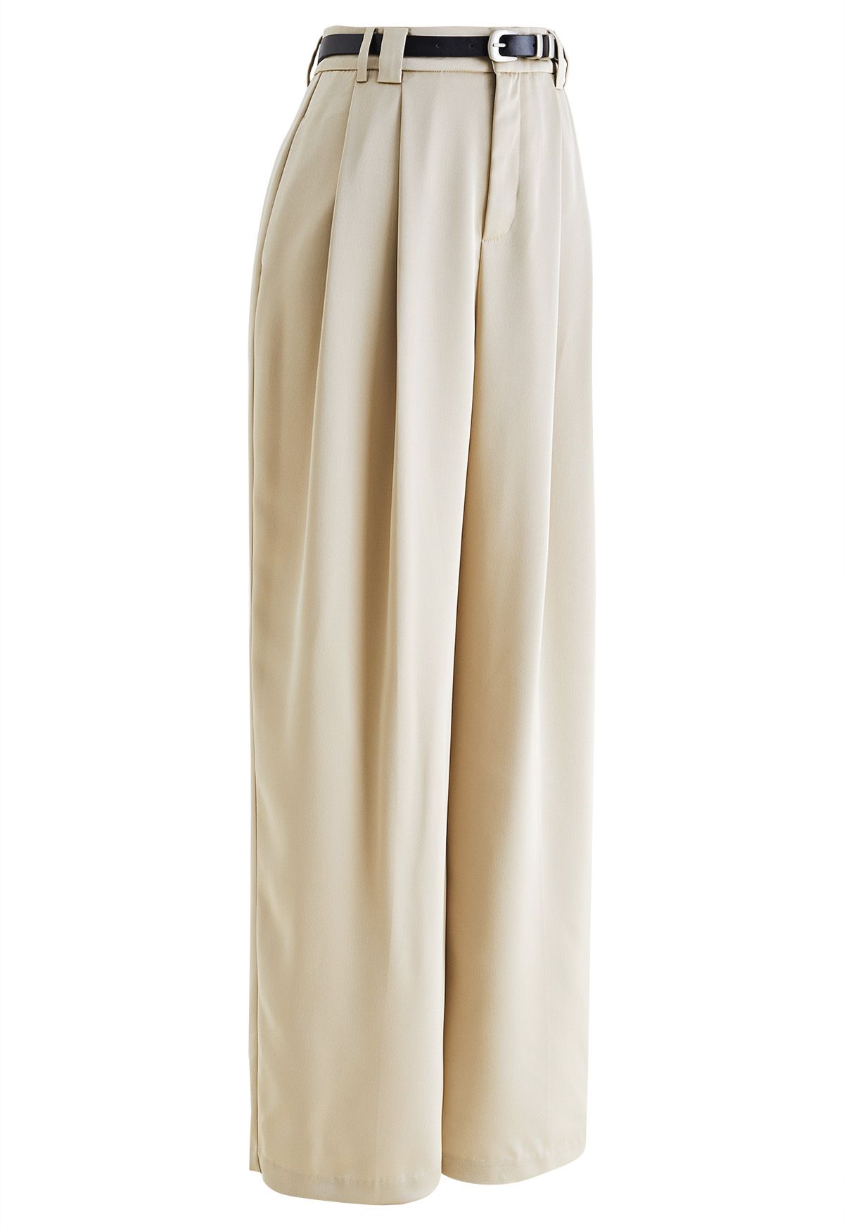 Satin Straight-Leg Pants with Faux Leather Belt in Champagne