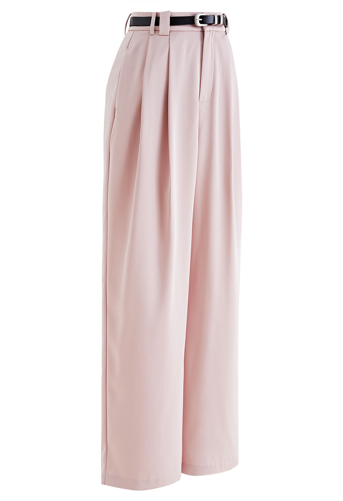 Satin Straight-Leg Pants with Faux Leather Belt in Pink