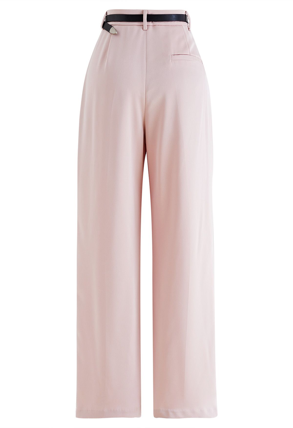 Satin Straight-Leg Pants with Faux Leather Belt in Pink