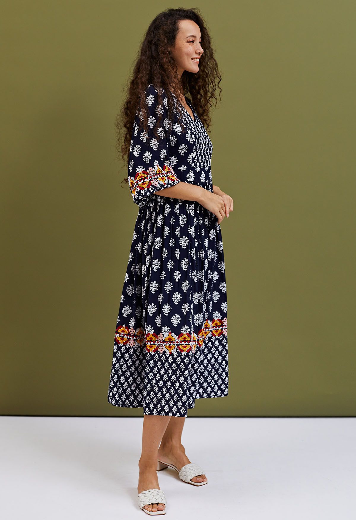 Bohemian Printed Elbow Sleeves Midi Dress