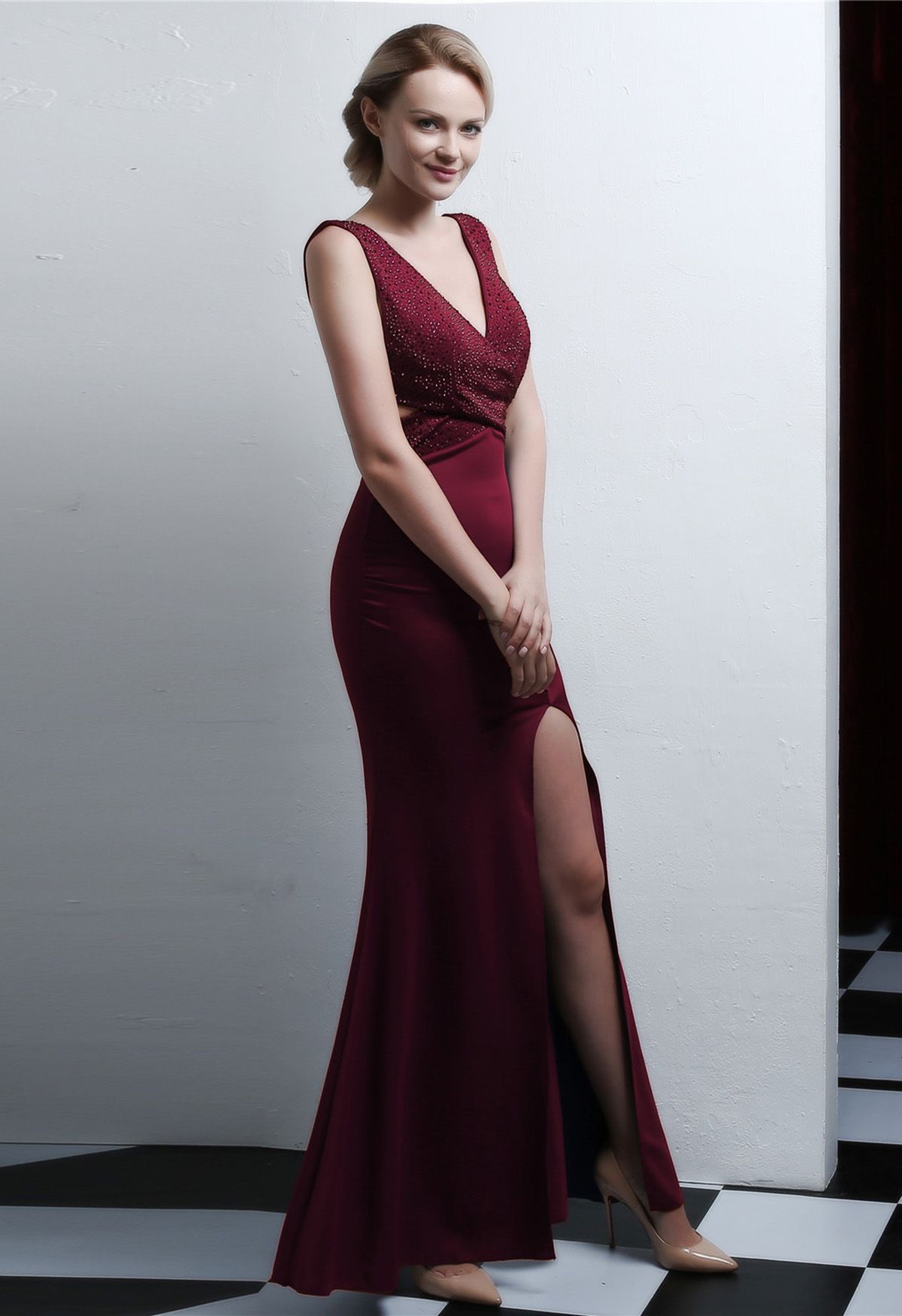 Shiny Rhinestone High Slit Mermaid Gown in Burgundy