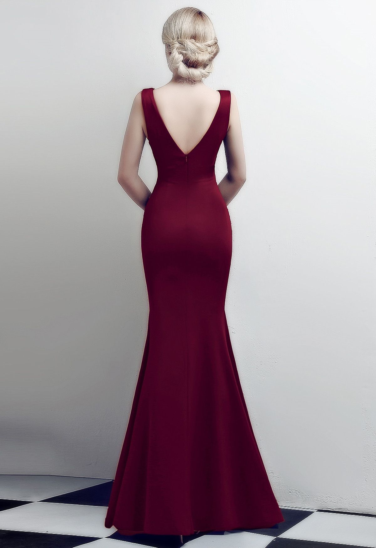 Shiny Rhinestone High Slit Mermaid Gown in Burgundy