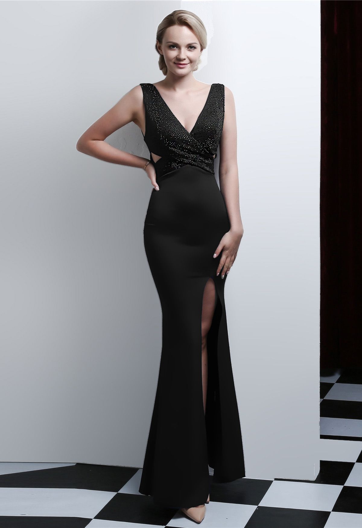 Shiny Rhinestone High Slit Mermaid Gown in Black