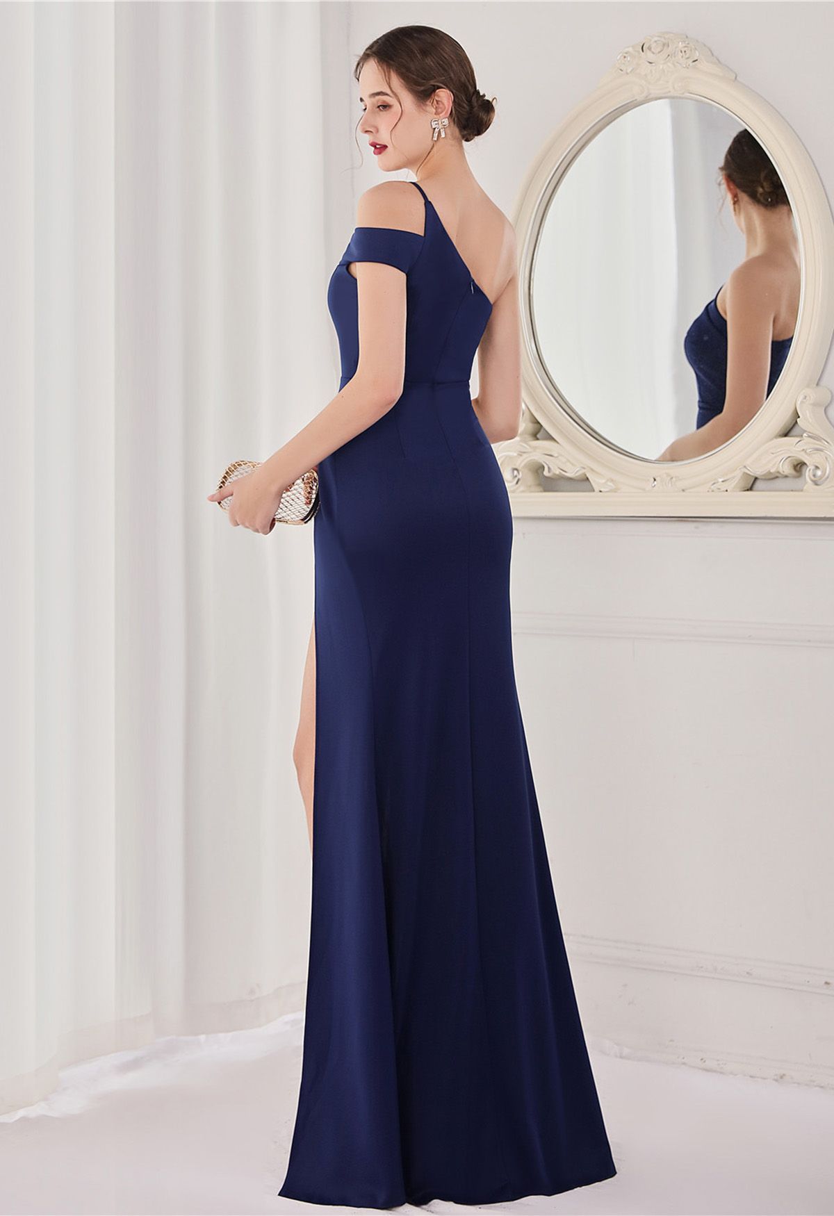 One-Shoulder High Slit Satin Mermaid Gown in Navy