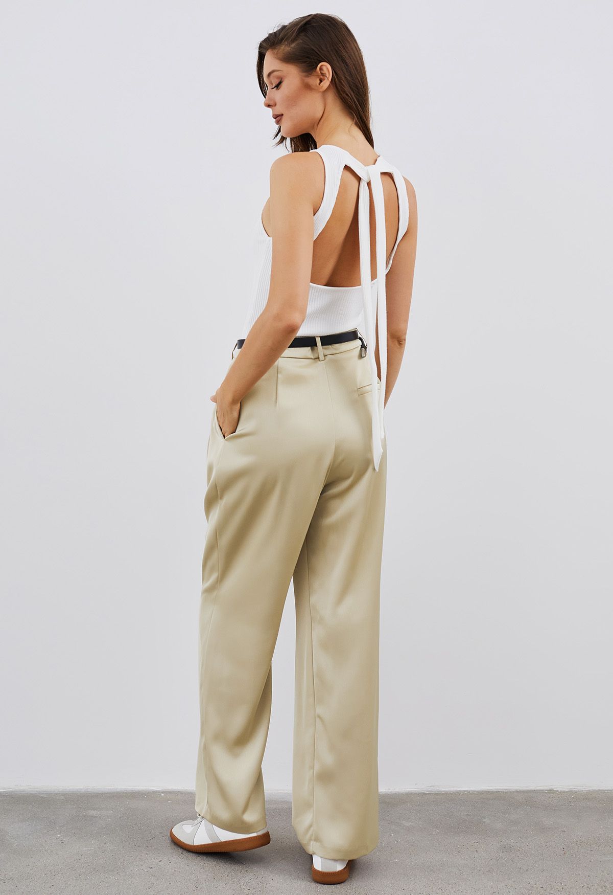 Satin Straight-Leg Pants with Faux Leather Belt in Champagne