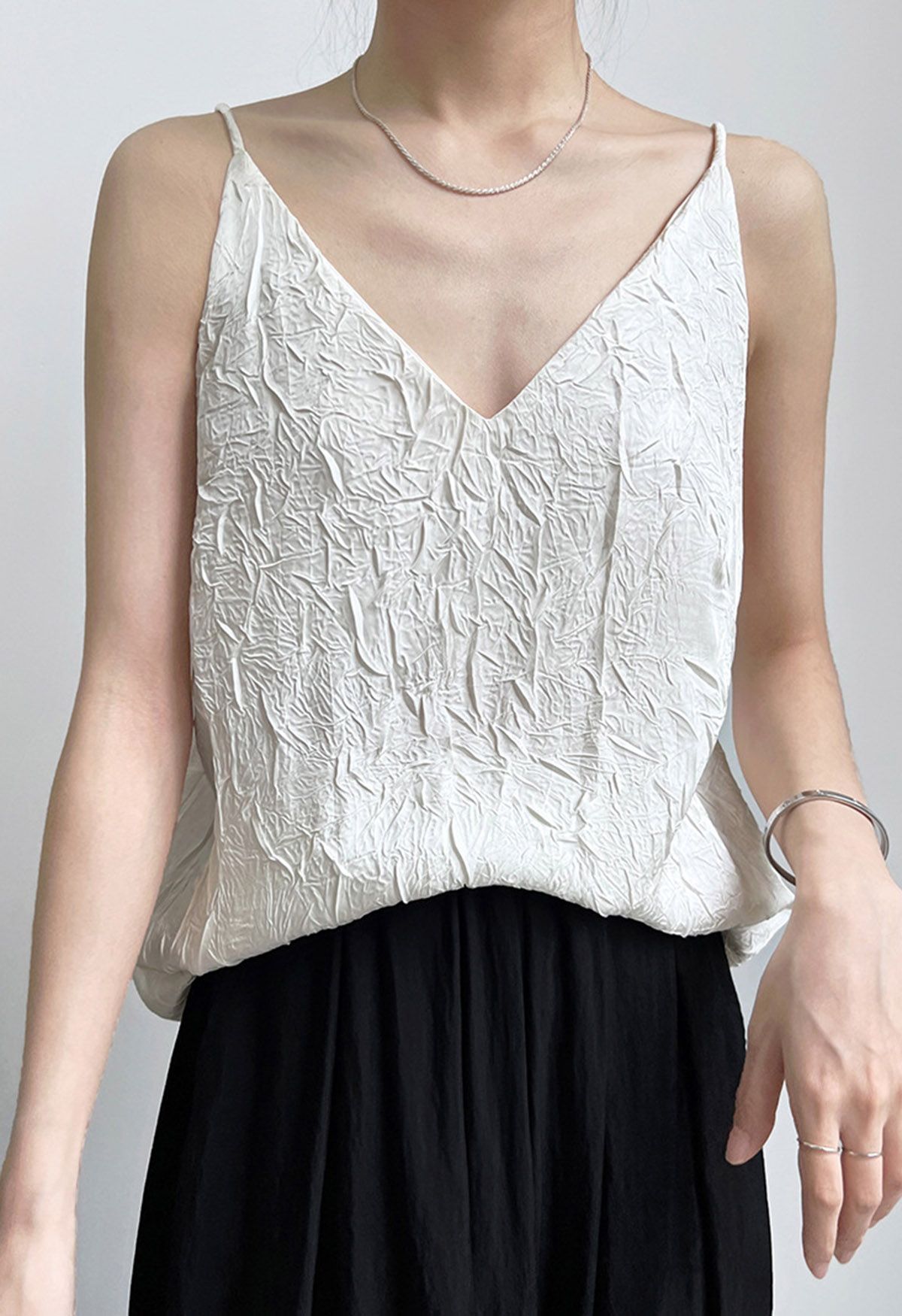 Embossed Texture V-Neck Cami Top in White
