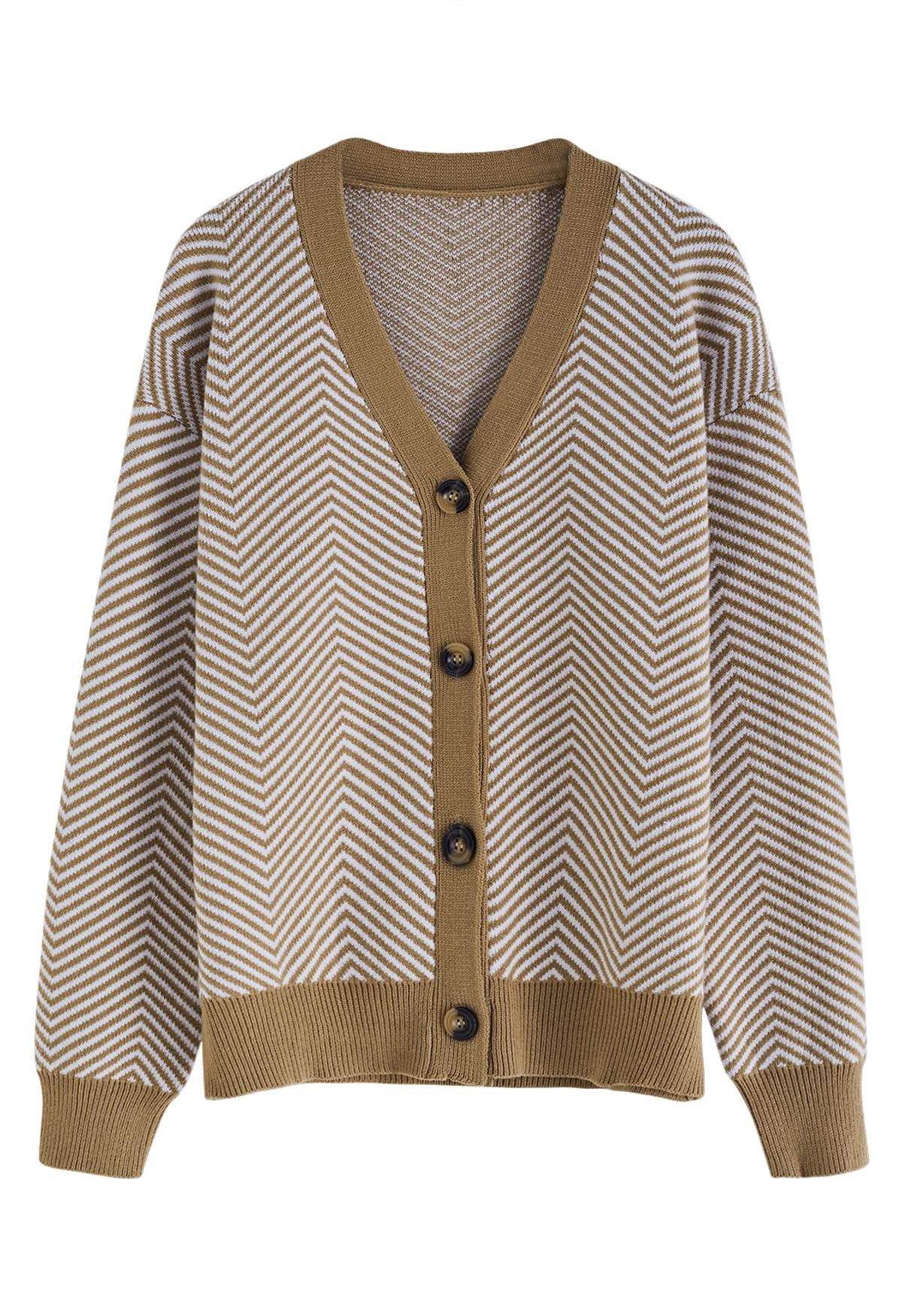 Zigzag Stripe Pattern Buttoned Knit Cardigan in Camel