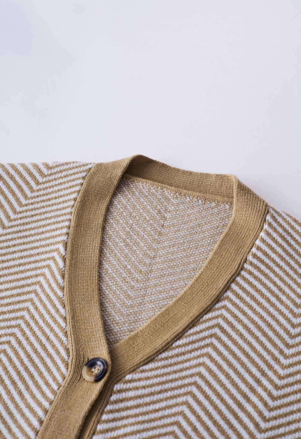 Zigzag Stripe Pattern Buttoned Knit Cardigan in Camel