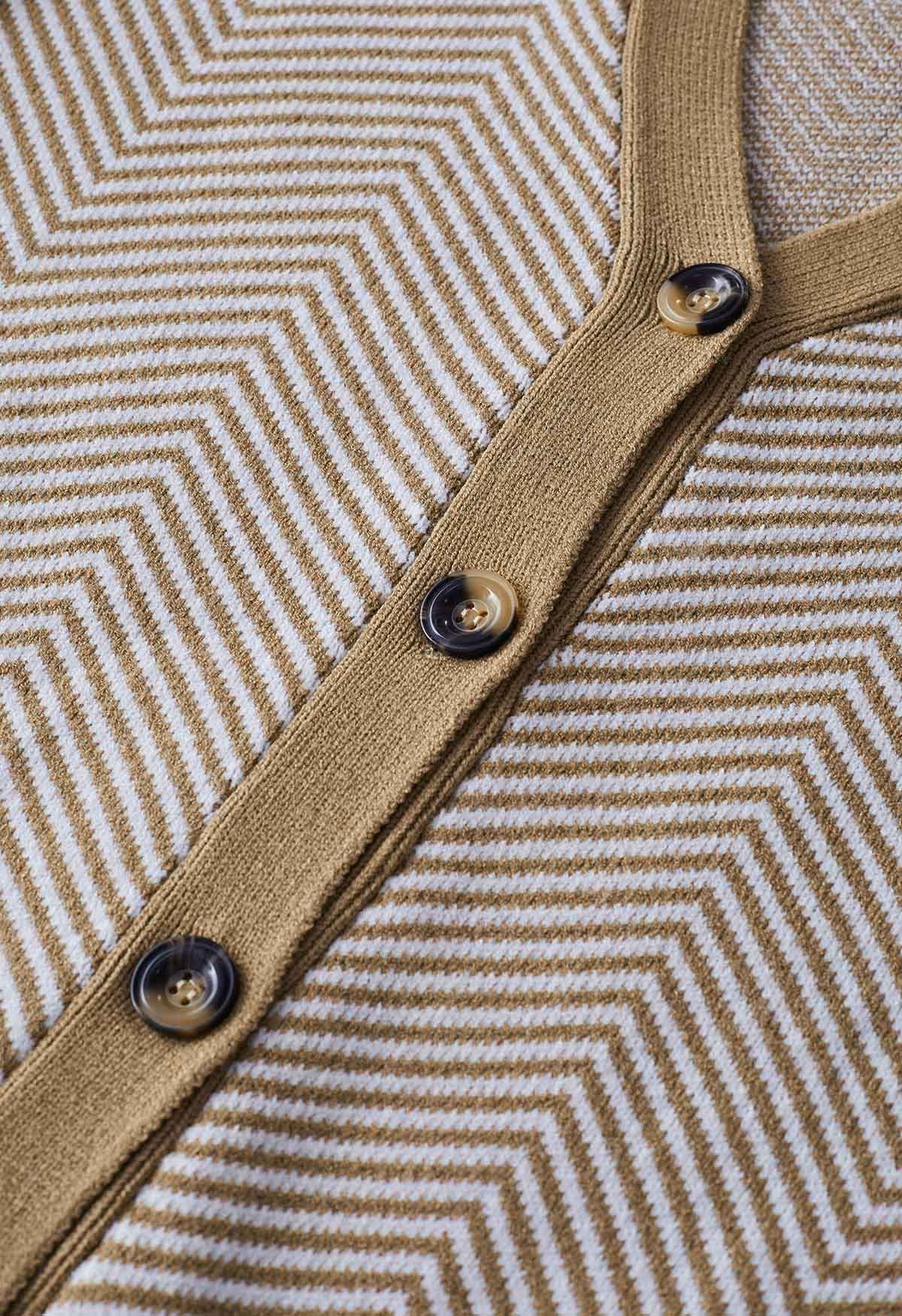 Zigzag Stripe Pattern Buttoned Knit Cardigan in Camel