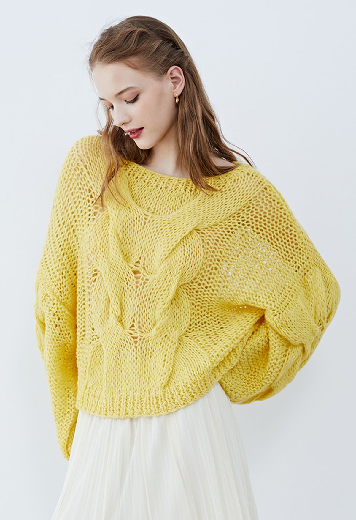 手工編織泡泡袖毛衣--黃色