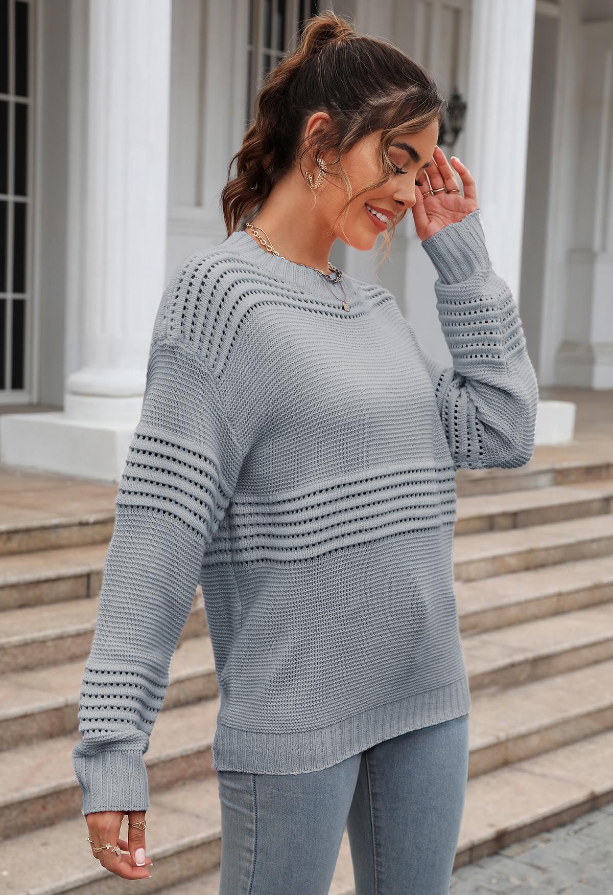 Stripe Embossed Openwork Knit Sweater in Grey