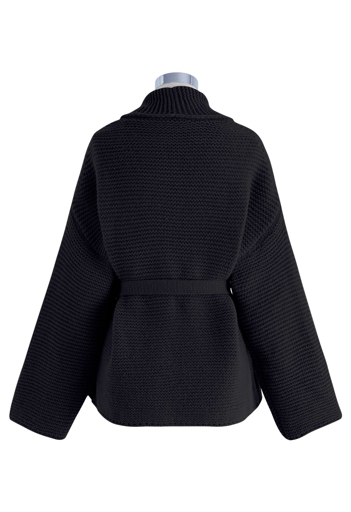 Collared Self-Tie Wrap Waffle Knit Cardigan in Black