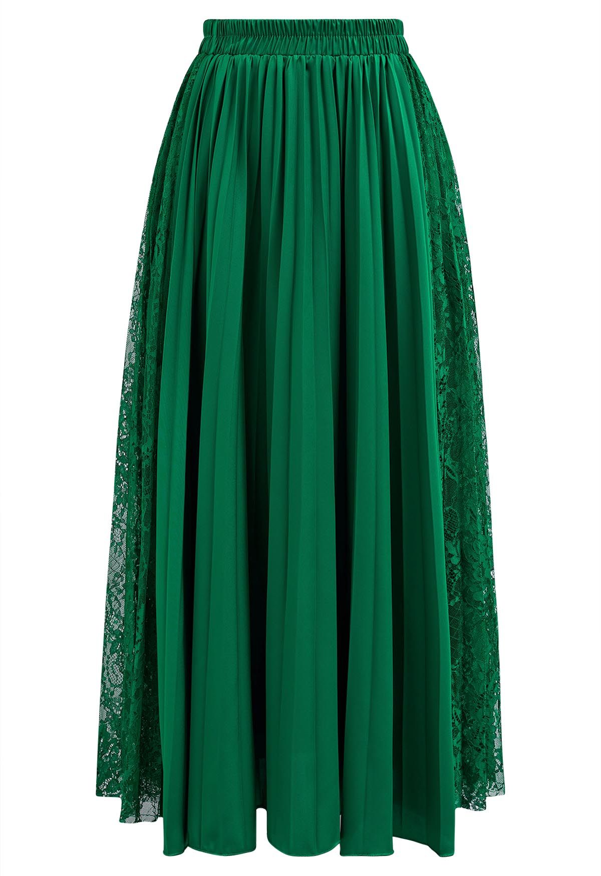 Lace Panelled Pleated Midi Skirt in Green