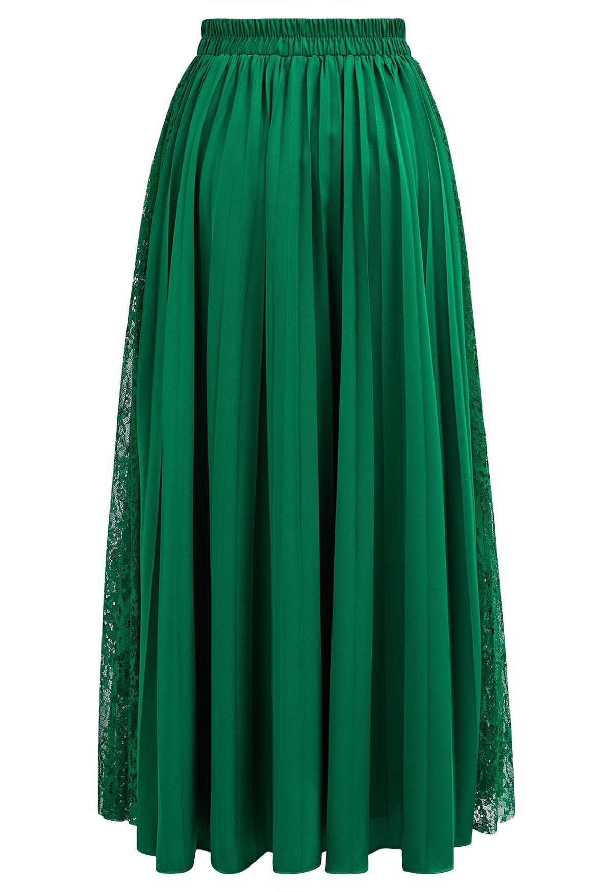 Lace Panelled Pleated Midi Skirt in Green