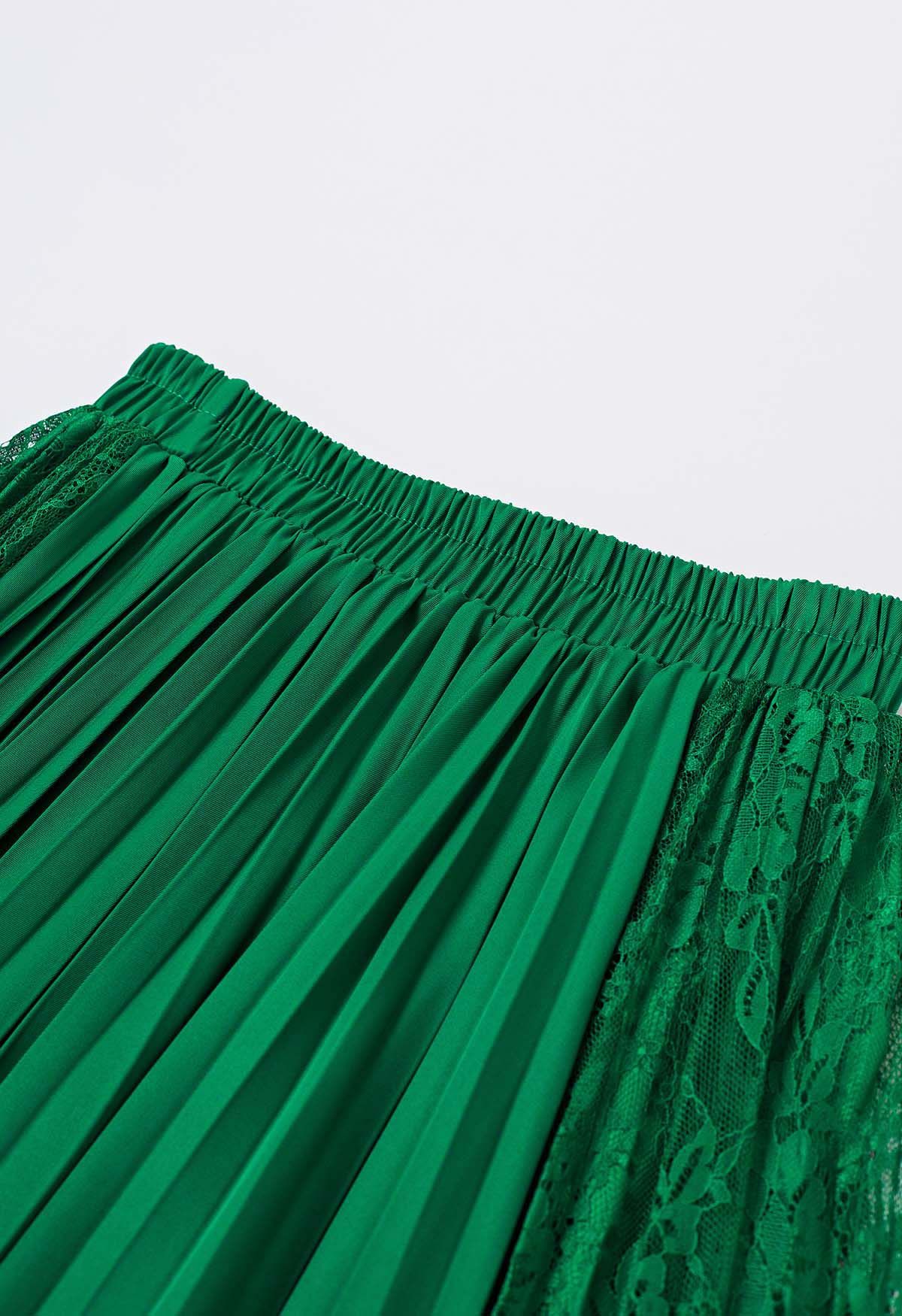 Lace Panelled Pleated Midi Skirt in Green