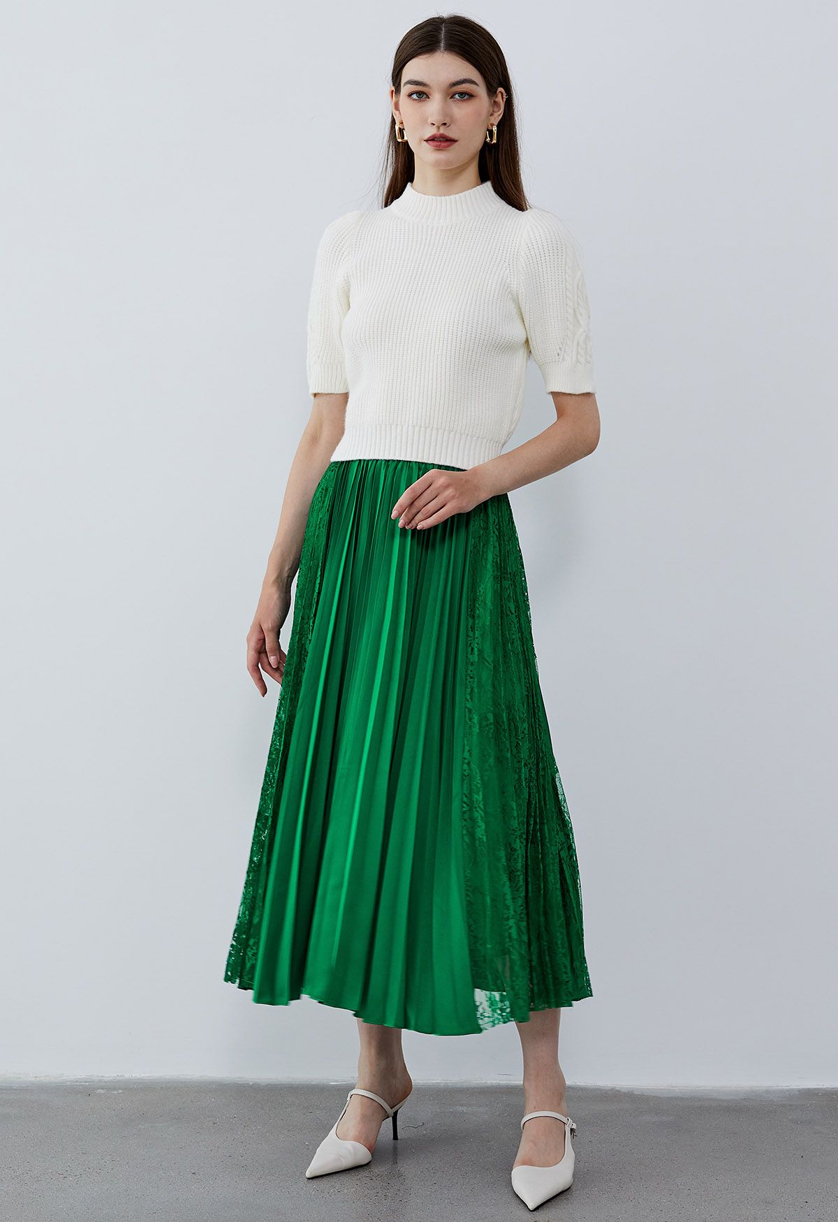 Lace Panelled Pleated Midi Skirt in Green