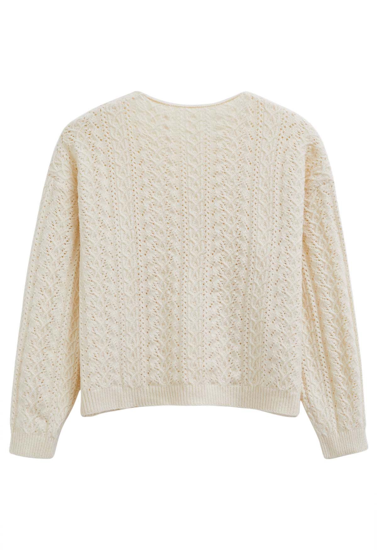 V-Neck Pointelle Knit Sweater in Cream