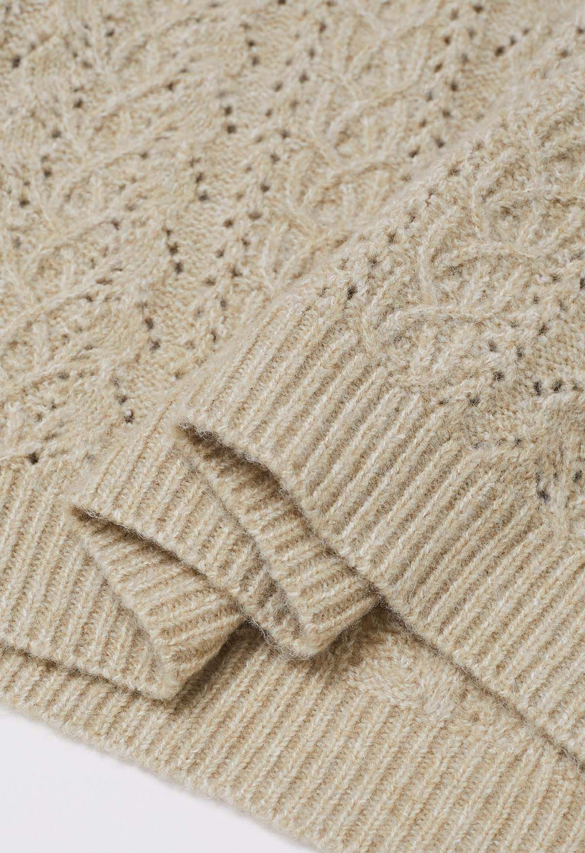 V-Neck Pointelle Knit Sweater in Light Tan