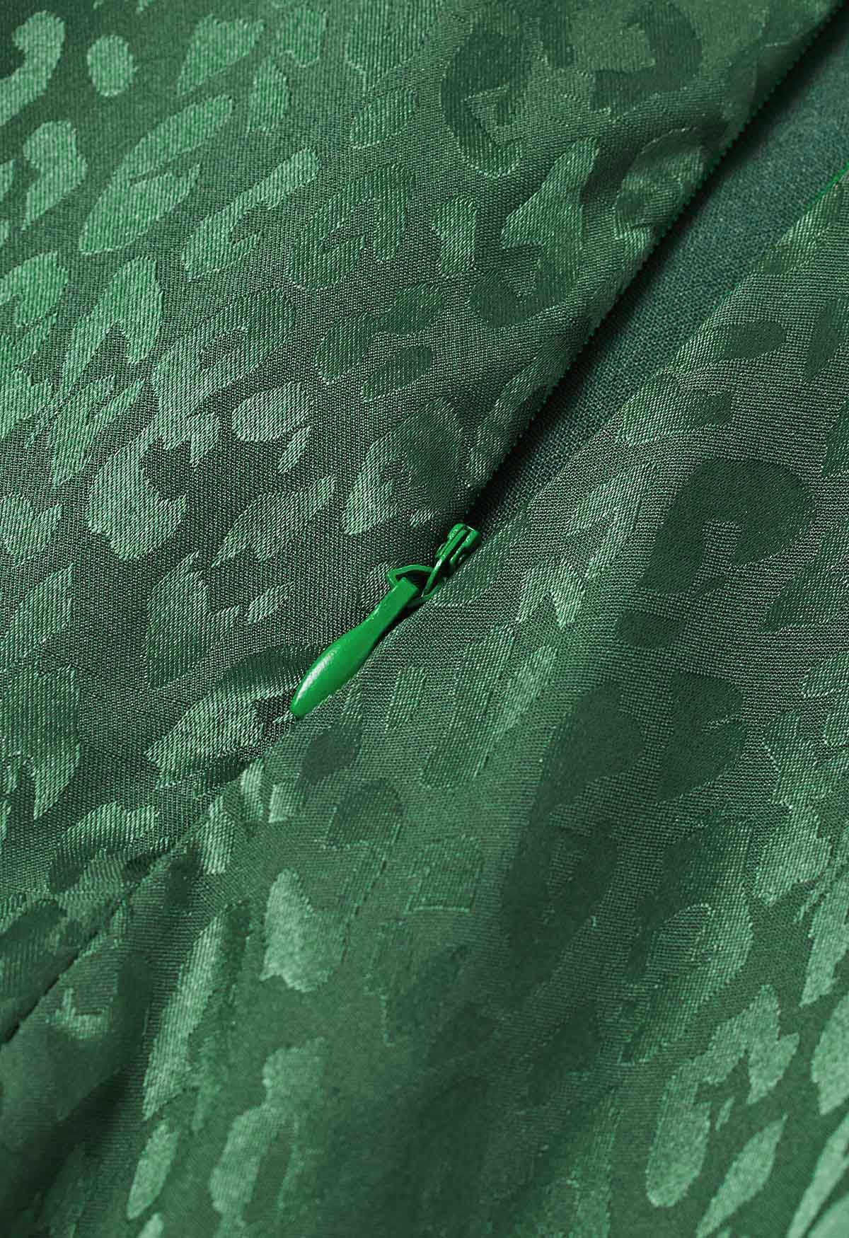 Glossy Leopard Jacquard Tie Waist Flare Midi Skirt in Green