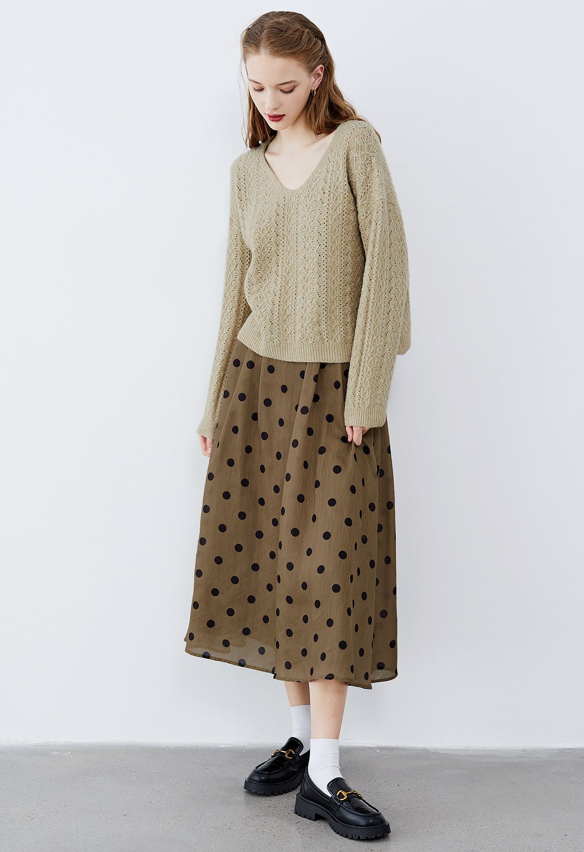 V-Neck Pointelle Knit Sweater in Light Tan