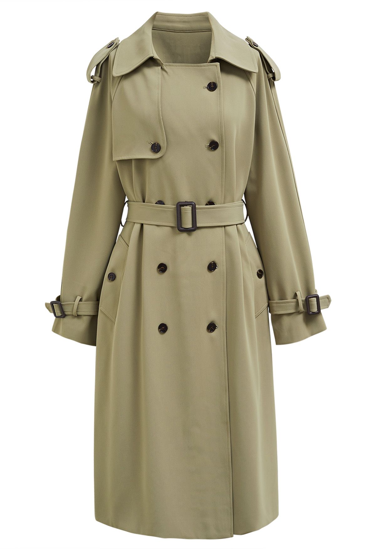 Tailored Double-Breasted Belted Trench Coat in Khaki