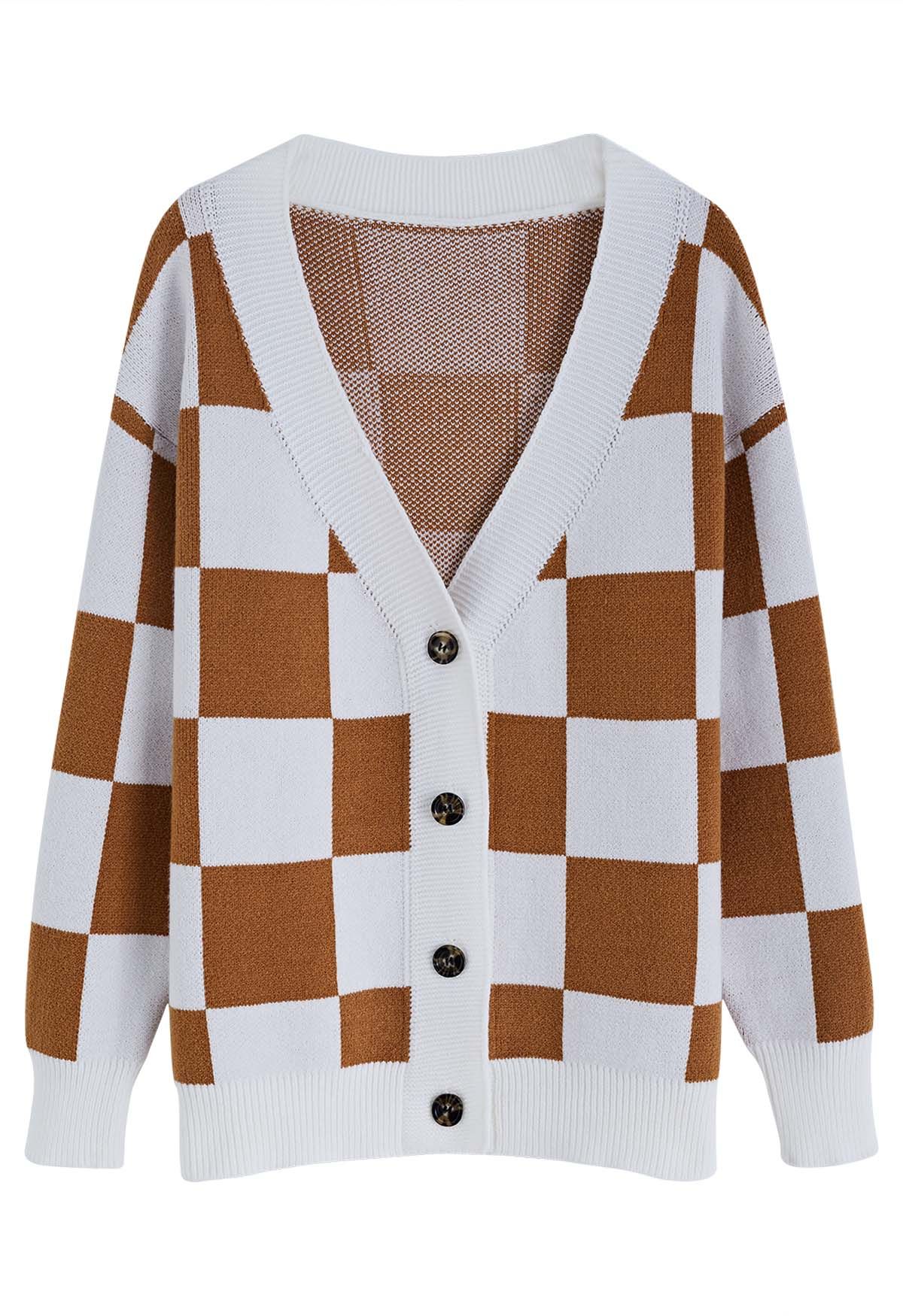 Check Pattern V-Neck Button Down Cardigan in Camel