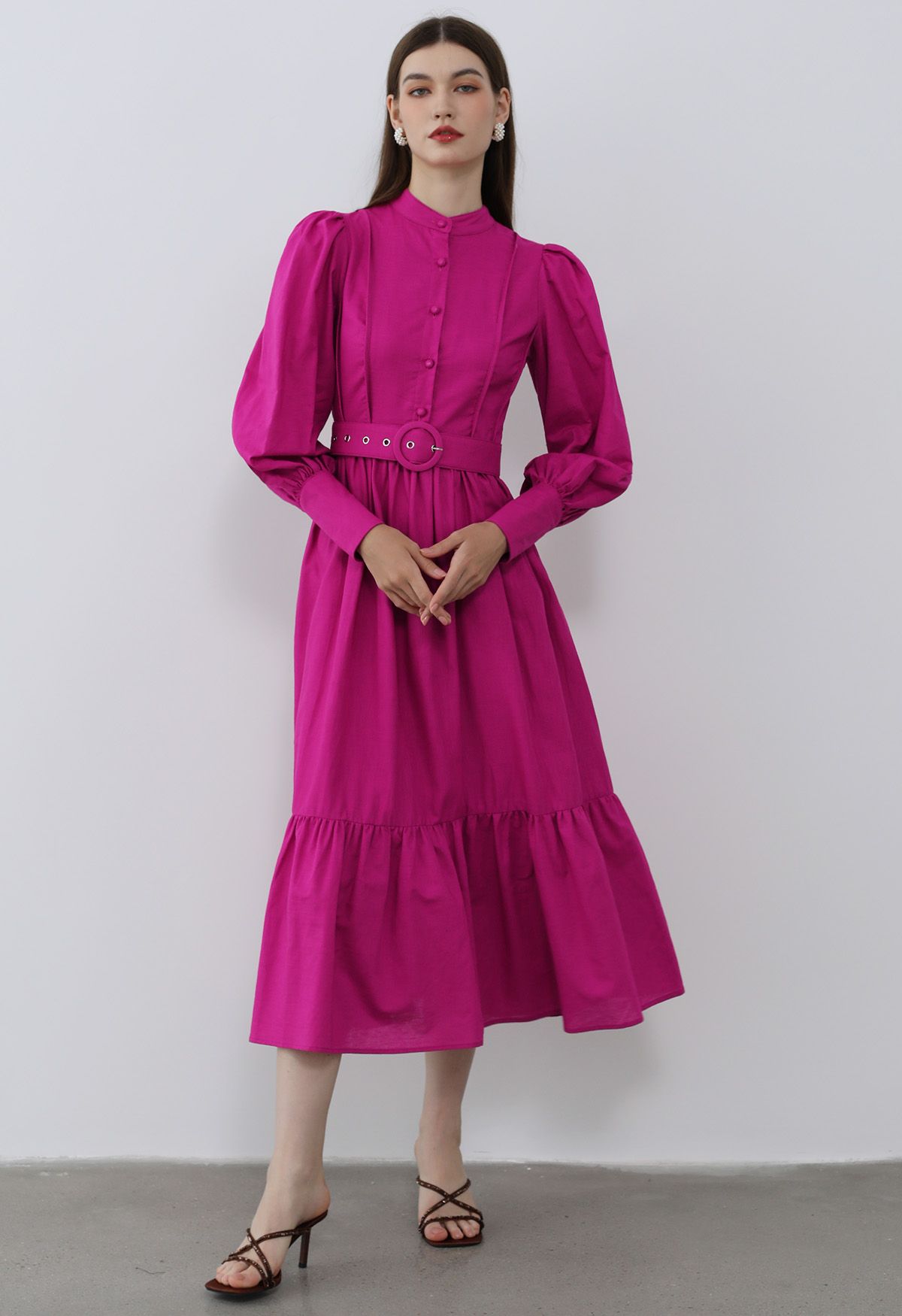 Lantern Sleeve Button Down Linen-Blend Midi Dress in Magenta