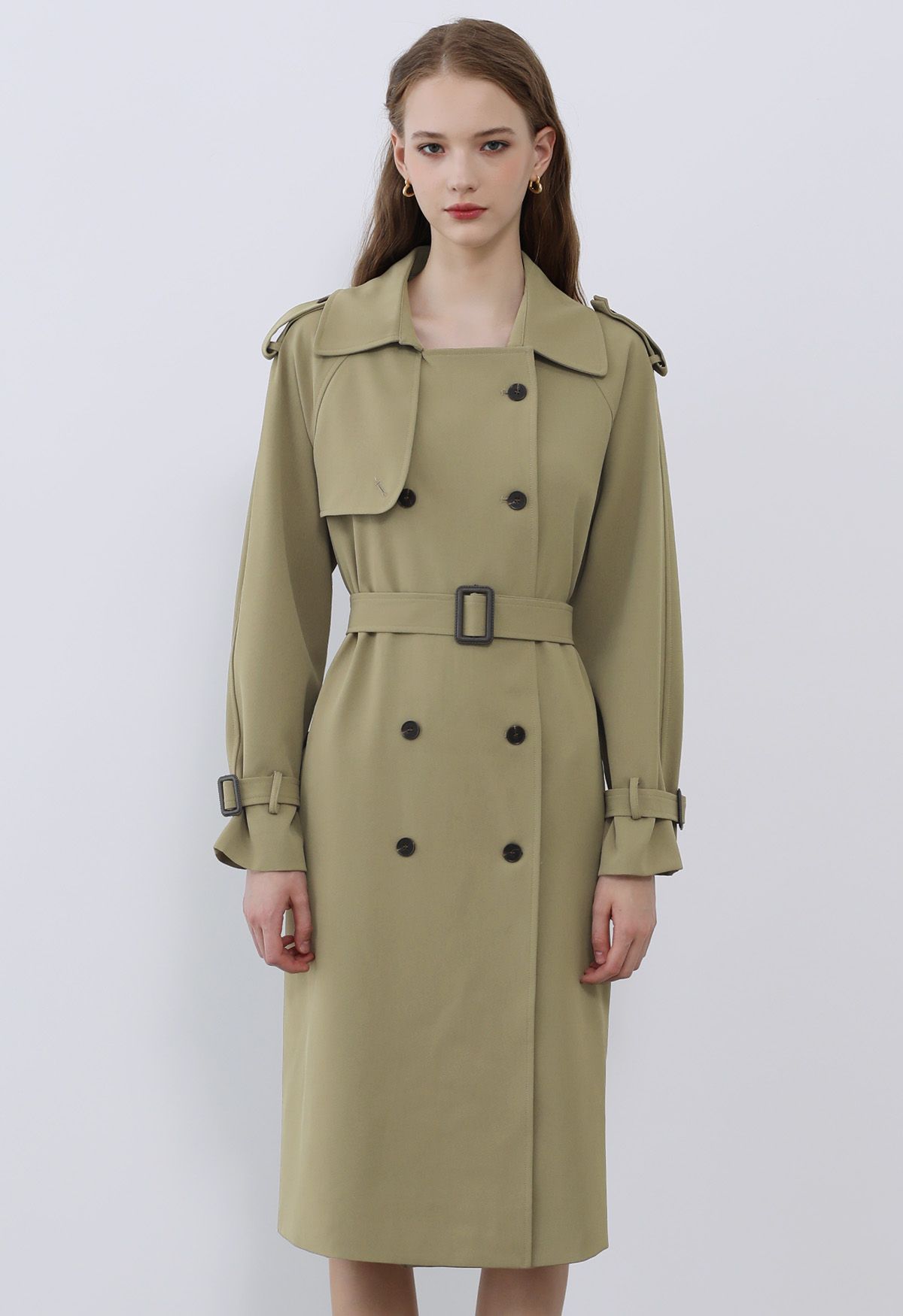 Tailored Double-Breasted Belted Trench Coat in Khaki